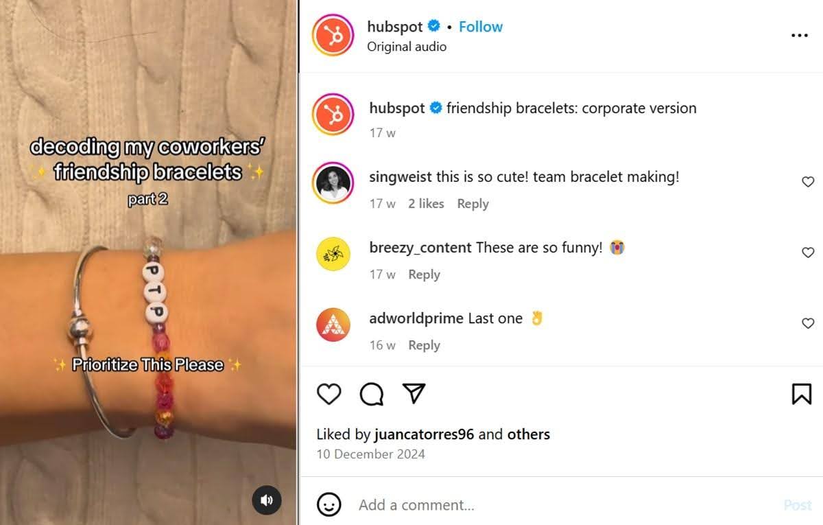 HubSpot Instagram post showing fun employee content and behind-the-scenes brand personality, demonstrating effective social media strategy for building brand relatability